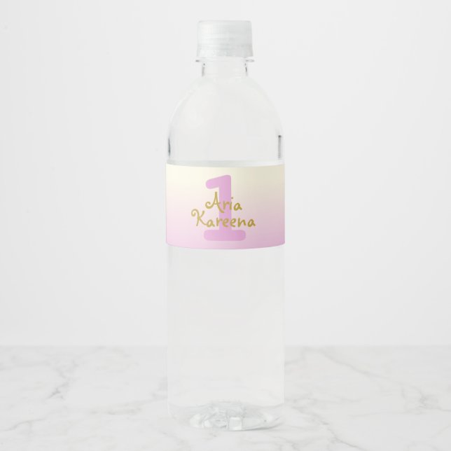Étiquette de bouteille d'eau rose et or premier an (Devant)