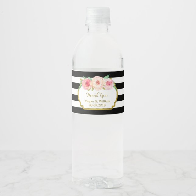 Étiquette de bouteille d'eau rose Floral or noir (Devant)
