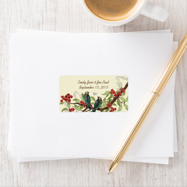 Étiquette de branche fleurie de Bourgogne oiseaux  (En situation)