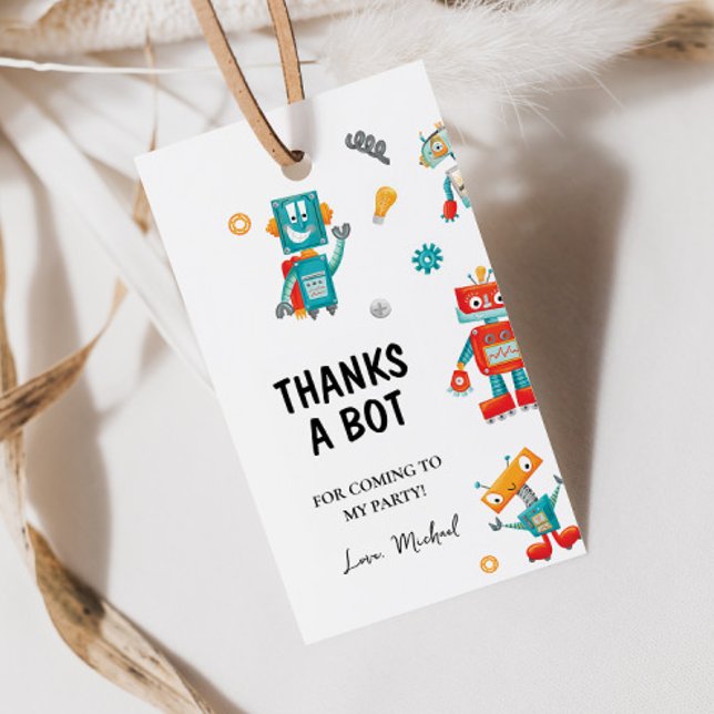 Étiquette de cadeau d'anniversaire de robots amusa (Créateur téléchargé)