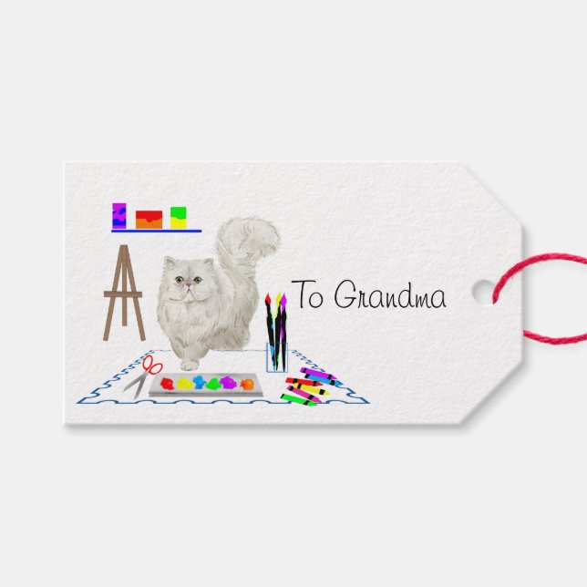 Étiquette de cadeau d'artiste de chat blanc Fluffy (Devant (Horizontal))