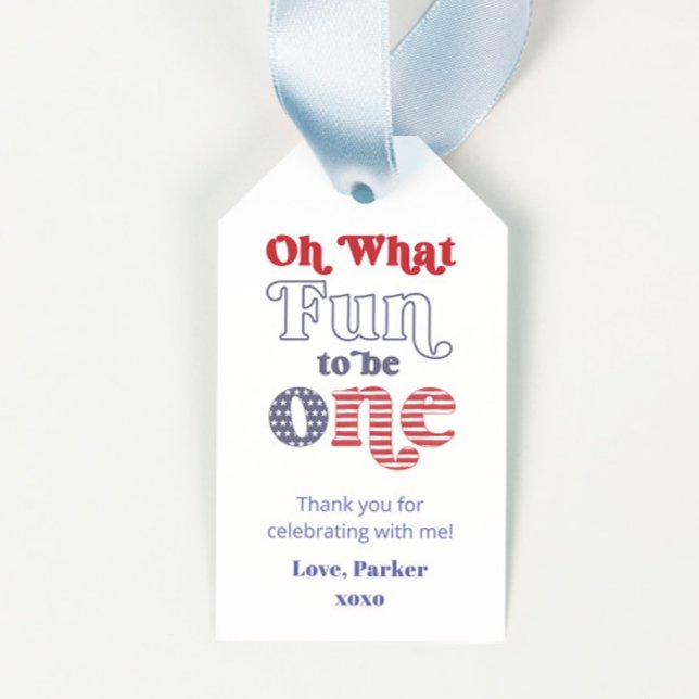 Étiquette de cadeau de fête d'anniversaire Groovy  (Retro typography red white and blue 1st birthday party favor tags oh what fun to be one)