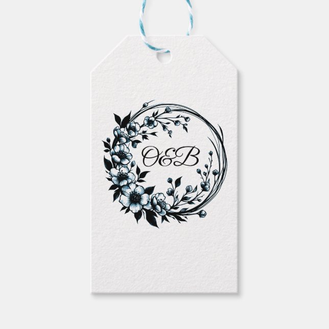 Étiquette de cadeau de mariage à monogramme floral (Devant)