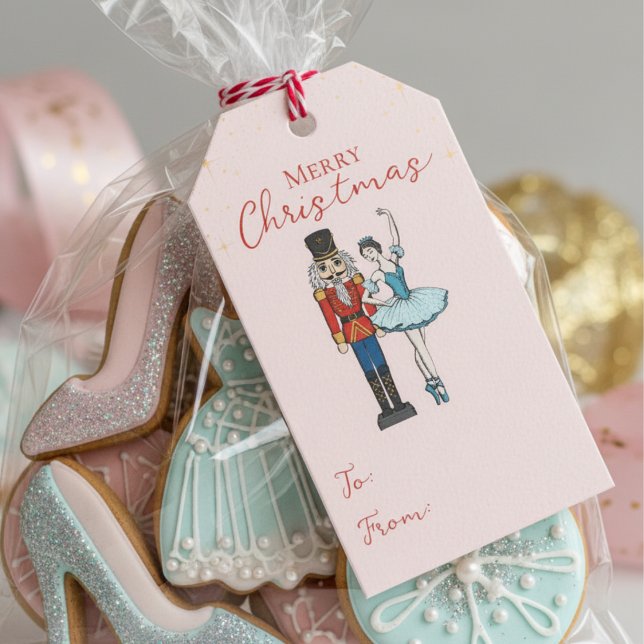 Étiquette de cadeau de Noël Pink Nutcracker Ballet (Elegant Pink, Red & Gold Nutcracker & Ballerina Gift Tags for Christmas. Chic Girly Xmas Party Tags)