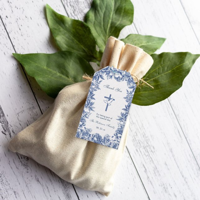 Étiquette de cadeau fleur toile bleue pour baptême (Créateur téléchargé)
