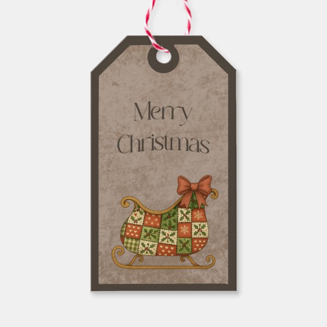 Étiquette de cadeau Patchwork Sleigh en couleurs d (Devant)