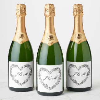 Étiquette de champagne mariage noir et blanc coeur