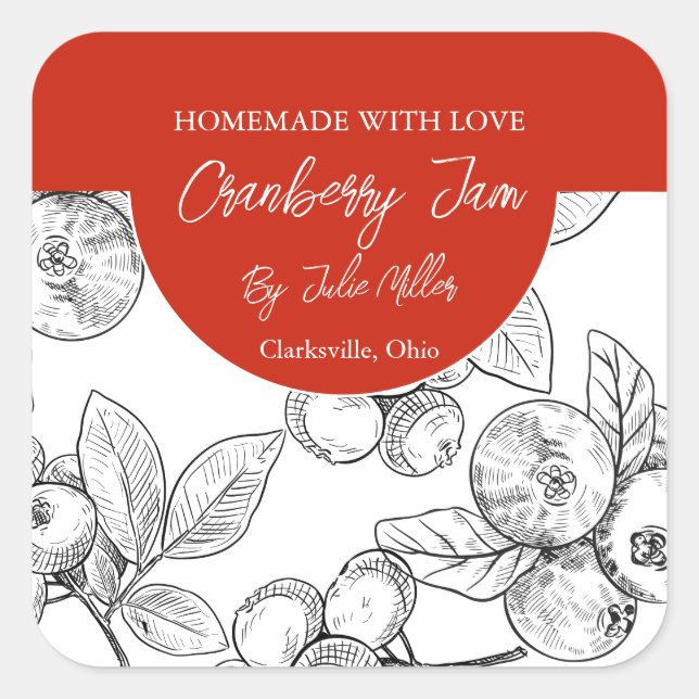 Étiquette de confiture de canneberge noir et blanc (Devant)