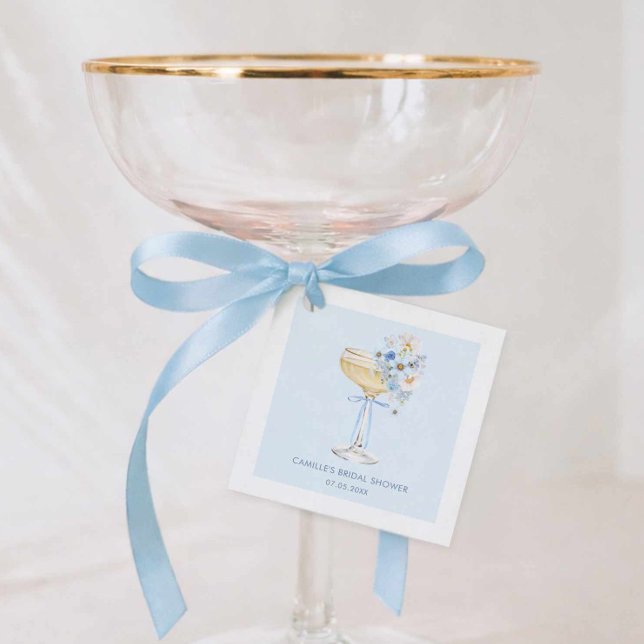 Étiquette de faveur carrée de brunch de mariage fl (Blue Bubbly Bridal Shower Favor Tag)