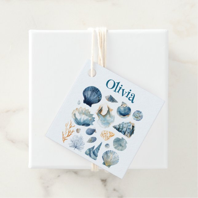Étiquette de faveur Coquillage Bleu | Nom personna (En situation)