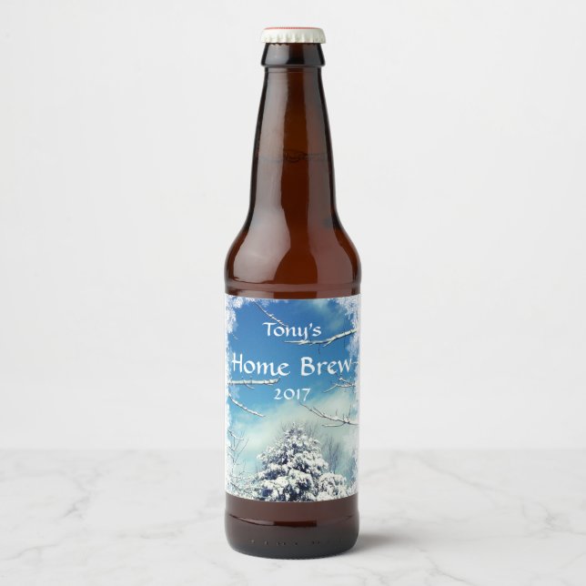Étiquette de la Bière de Noël Arbre et Neige Blanc (Devant)