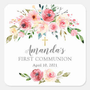 Étiquette de la première communion florale Rose
