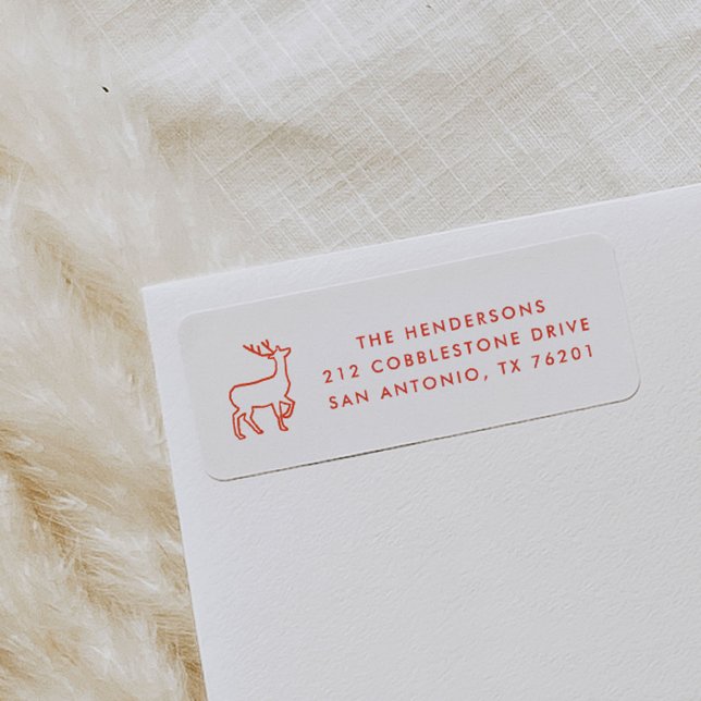 Étiquette de l'adresse de retour de rennes rouges  (Hand-drawn Scandinavian Christmas reindeer red and white return address labels.)