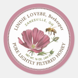 Étiquette de miel à fleurs rose et abeille