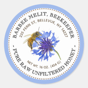 Étiquette de miel Fleur bleue abeille avec bordure
