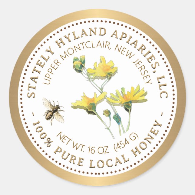 Étiquette de miel Fleur jaune d'abeille et bordure (Devant)