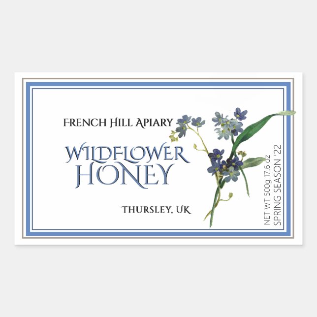 Étiquette de miel Fleur sauvage bleu (Date de réco (Devant)