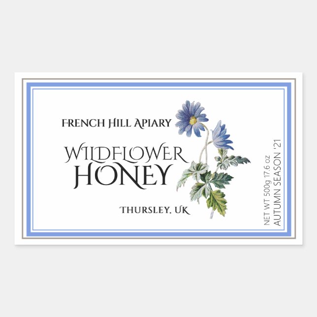 Étiquette de miel Fleur sauvage bleu (date de réco (Devant)