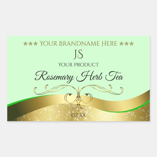 Étiquette de Monogramme vert clair Wavy Gold (Devant)