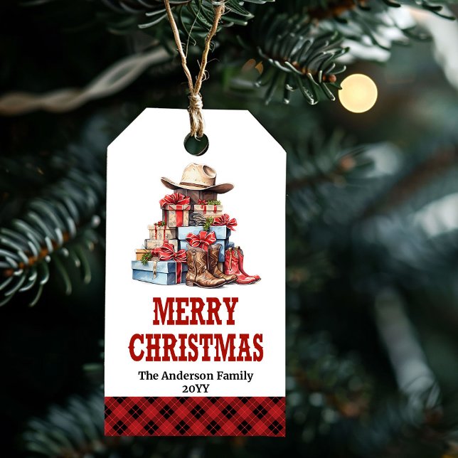 Étiquette de Noël occidentale rustique modifiable  (Rustic Western Christmas tag editable with name)