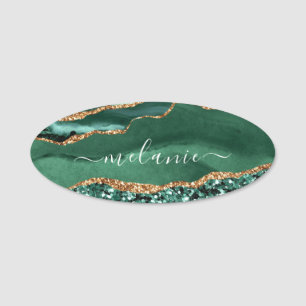 Étiquette de nom en marbre pailleté or vert émerau