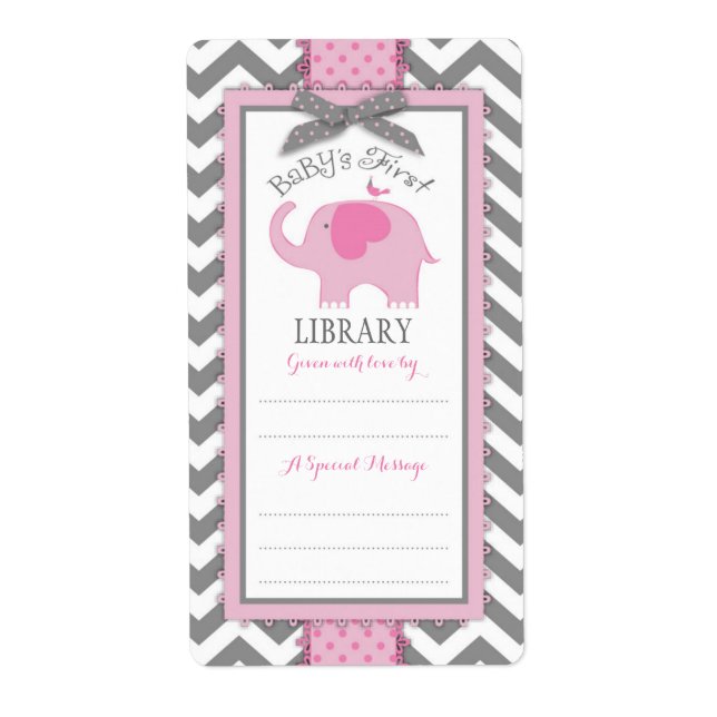 Étiquette de plaque de livre Chevron rose Eléphant (Devant)