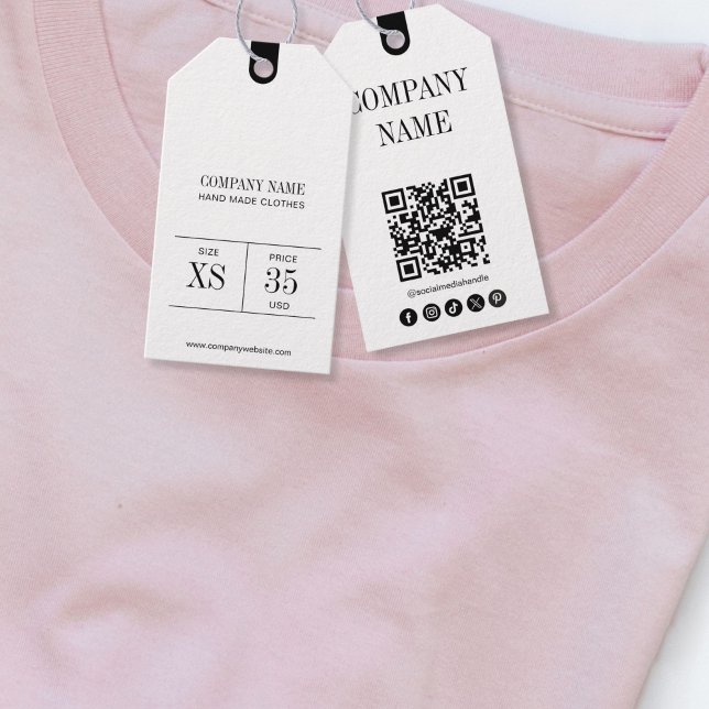 Étiquette de prix de vêtement avec code QR minimal (Business Logo Clothing Label Price Hang Tag, black and white)
