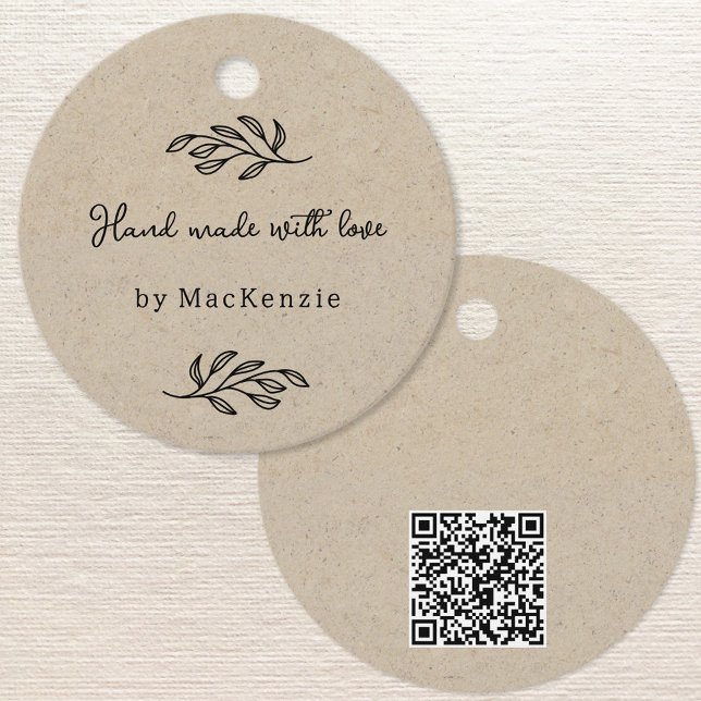 Étiquette de prix marron avec QR code fait main av (Hand Made with Love custom name botanical leaf line art small business maker price or hang tags)
