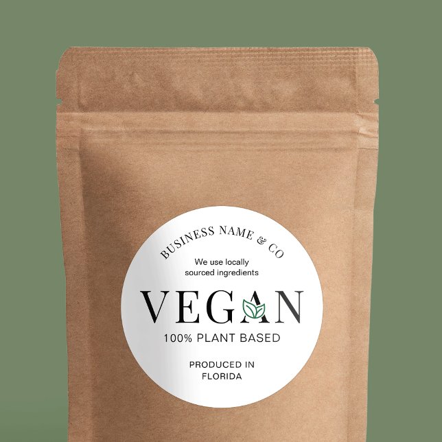 Étiquette de produit à base de Plante moderne Vega (Stylish vegan product label in black white and green with space for your business name and tag line)