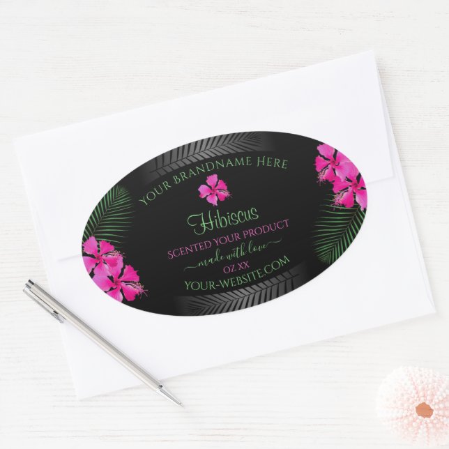 Étiquette de produit noir Fleurs roses Feuilles de (Enveloppe)