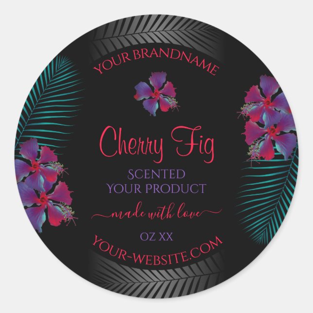 Étiquette de produit noir Fleurs rouges violettes  (Devant)