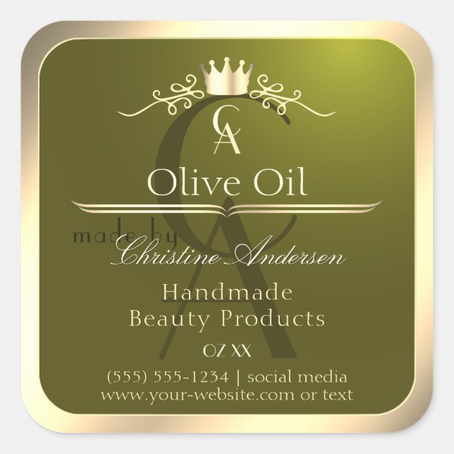 Étiquette de produit vert olive avec Monogramme de (Devant)