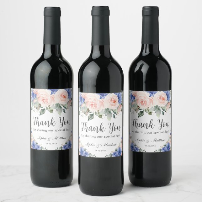 Étiquette de remerciement de mariage floral rose b (Bouteilles)