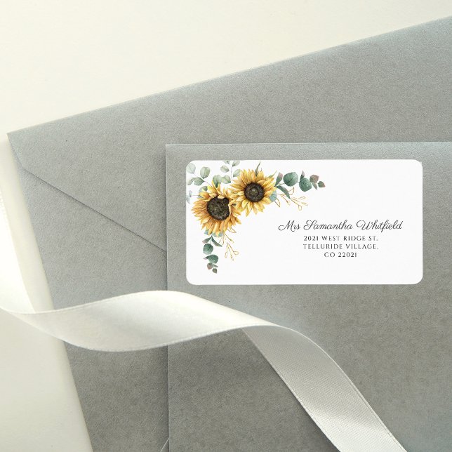 Étiquette de retour d'adresse botanique de tournes (Sunflower Eucalyptus Floral Script Address Label)