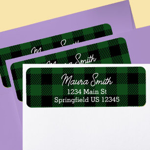 Étiquette de retour d'adresse plaid de buffle vert