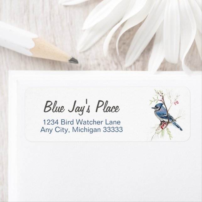Étiquette de retour de l'aquarelle Blue Jay (En situation)
