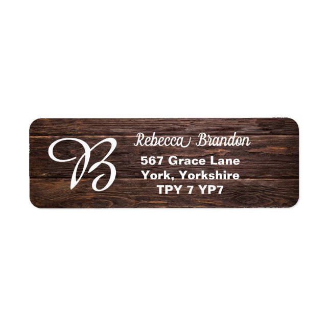 Étiquette de retour de monogramme en bois rustique (Devant)