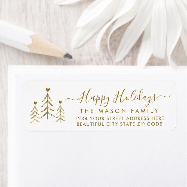 Étiquette de retour de Noël Gold Script Pine (En situation)