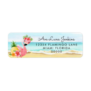 Étiquette de retour Flamant rose rose d'été tropic