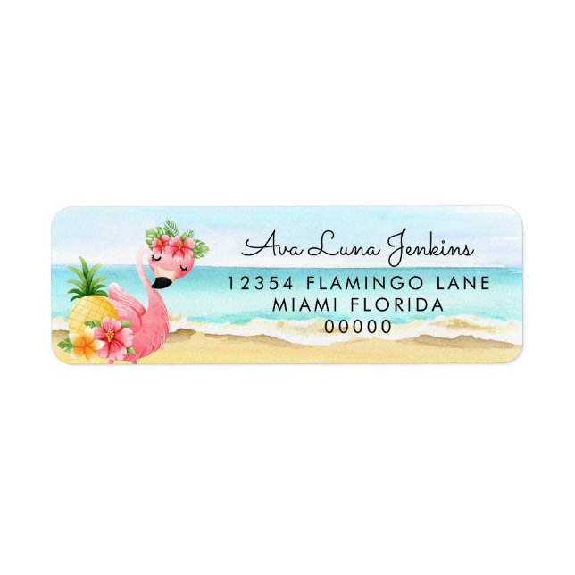 Étiquette de retour Flamant rose rose d'été tropic (Devant)