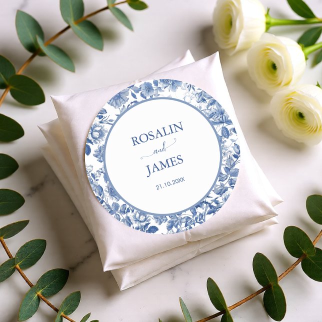 Étiquette de sceau de mariage botanique Toile Bleu (Classic Blue Toile Botanical Wedding Seal Label)