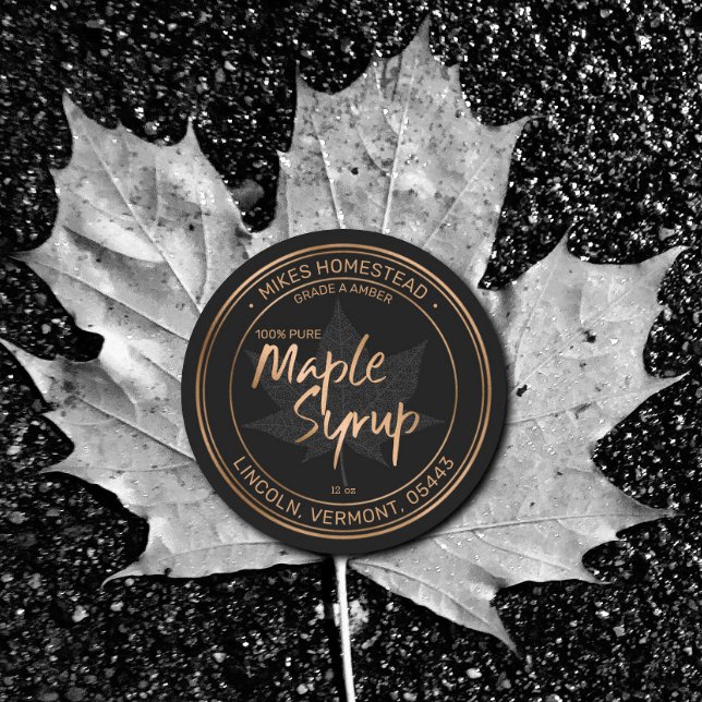 Étiquette de sirop d'érable moderne noir et cuivre (Créateur téléchargé)