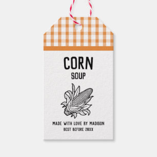 Étiquette de soupe de maïs avec épi et motif à car