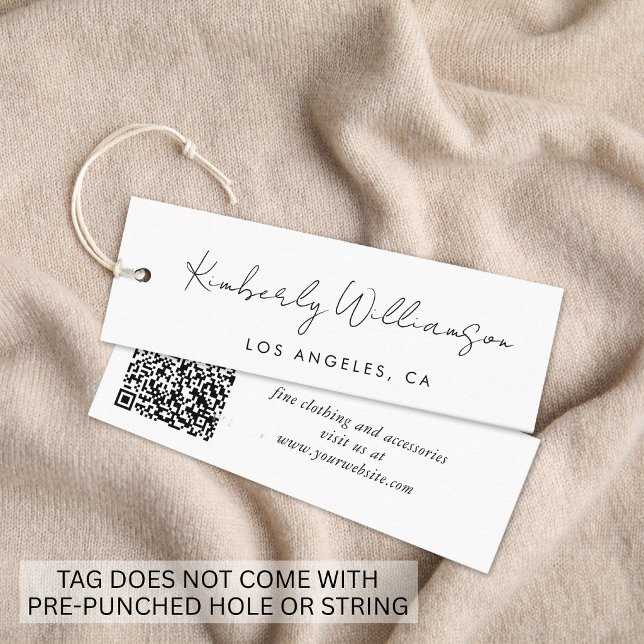 Étiquette de Vêtement QR Code avec Écriture Manusc (Chic Handwritten Script QR Code Clothing Hang Tag)