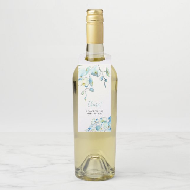 Étiquette de vin à motif floral bleu aquarelle (Sur bouteille)