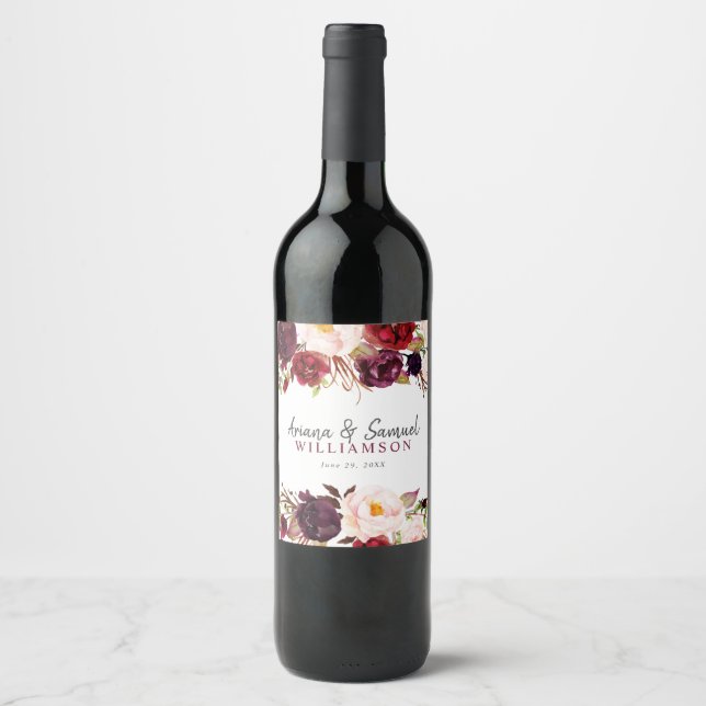 Étiquette de vin de mariage floral rose Marsala él (Devant)