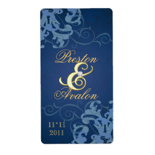Étiquette de vin Mariage à bijoux en or Blue Swirl