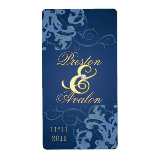 Étiquette de vin Mariage à bijoux en or Blue Swirl (Devant)