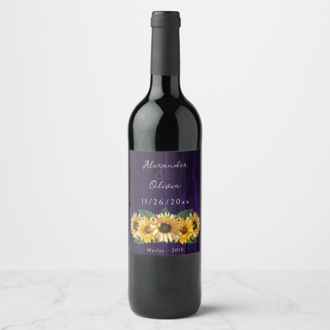 Étiquette de vin Mariage de tournesol violet rusti (Devant)