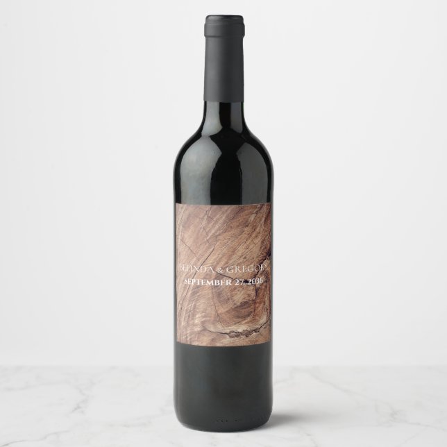 Étiquette de vin Mariage en bois rustique (Devant)
